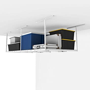 FLEXIMOUNTS 4x8 Overhead Garage Storage Rack, Adjustable Garage Storage Organization Systerm, Heavy Duty Metal Garage Ceiling Storage Racks, 600lbs Weight Capacity, White