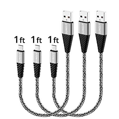 Short Micro USB Cable,SUNGUY [3-Pack] 1FT/0.3M Braided Micro USB Fast Charging & Data Sync Cables Android Charger Lead Cord for Samsung Galaxy S7 Edge,Moto G5 Plus,Huawei P0 Lite,Sony Xperia Z5,Kindle Fire and More