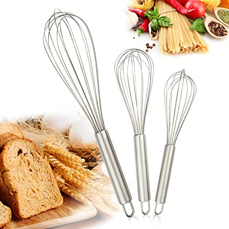 Gifort 3 Pack Kitchen Whisk, Stainless Steel Balloon Wire Whisk Heat Resistant Whisk Set Egg Beater Blender Kitchen Tools 8inch&10inch&12inch (Silver)