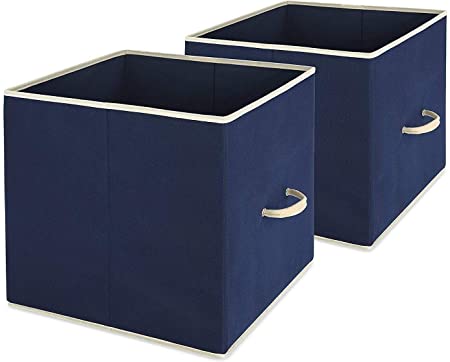 Durable Collapsible Storage Cubes 14x14", Set of 2 - Navy - Foldable Heavy-Duty Canvas Fabric Storage Box Basket - Classic Elegant Bin Organizer for all your Shirts, Sweaters, Toys, Books Etc.