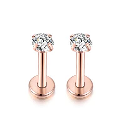 Kokoma 16g Rose Gold Cartilage Stud Earrings 316L Stainless Steel Tragus Labret Lip Nose CZ Piercing Ring 2Pcs