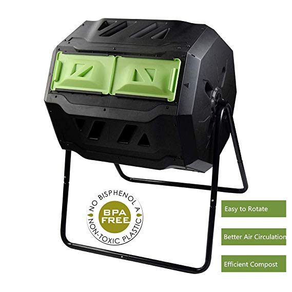 Large Compost Tumbler Bin -Outdoor Garden Rotating-Dual Compartment - Better Air Circulation Efficient Compost- BPA Free-Sturdy Steel Frame - 43Gallon (2-21.5Gal)- Green Door