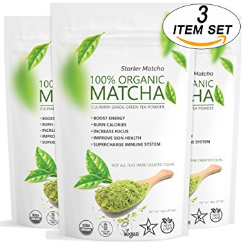 Starter Matcha (3 x 16oz) - Premium USDA Certified Organic, Pure Matcha Green Tea Powder, Incredible Flavor, Delicate Aroma, Natural Energy Booster and Fat Burner