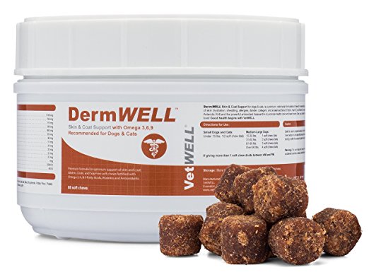 VetWELL - DermWELL Omega 3 Supplement for Dogs and Cats Antarctic Krill Oil with Astaxanthin, Omega 3 6 9, EPA, DHA for Amazing Skin and Coat - Relieves Itching and Allergies