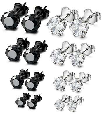 ORAZIO 8 Pairs Stainless Steel Mens Womens Stud Earrings Pierced Round Cubic Zirconia Earrings, 3mm-6mm