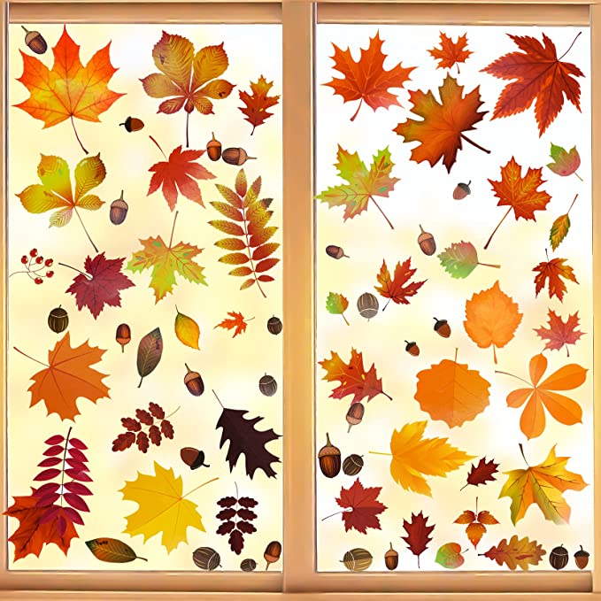 Fall Window Clings for Glass Windows, Hmxpls Thanksgiving Seasonal Window Stickers for Kids, Holiday Fall Pine Cones & Maple Leaves Decals for Office Home School Window Decorations - 6 Sheets