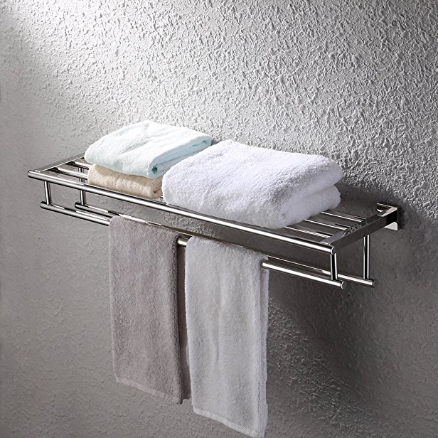 KES 30-Inch Large Towel Rack with Shelf Stainless Steel Double Towel Bar Dual Hanger Storage Organizer Modern Square Style Wall Mount Polished Finish, A2112S30