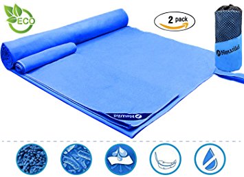Microfiber Travel Sports 2 Packs Newild Towel (155 cm x 100 cm and 60 cm x 30 cm),Fast Drying Super Absorbent Antibacterial for Camping, Gym, Beach, Swimming,Bath and Yoga, With Suitable Mesh Bag (Color: Blue)