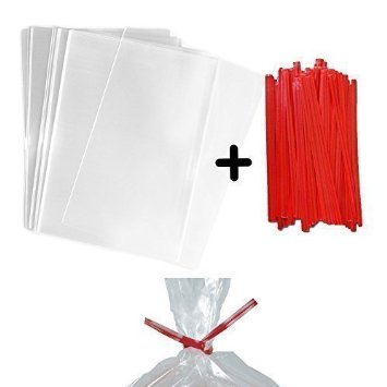 100 4x6" Clear Food Safe Favor Treat Bags and 100 4" Paper Red Twist Ties - 1.5mils Thickness- PP Plastic Stronger than Cello Party Bags Gift Basket Supplies