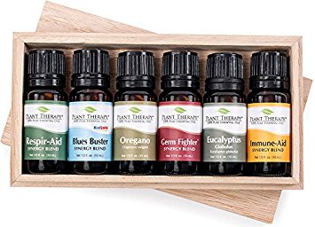 Plant Therapy Wellness Essential Oil Gift Set. Includes: Germ Fighter, Immune-Aid, Respir-Aid, Blues Buster, Eucalyptus and Oregano. 10 mL (1/3 Ounce) each.