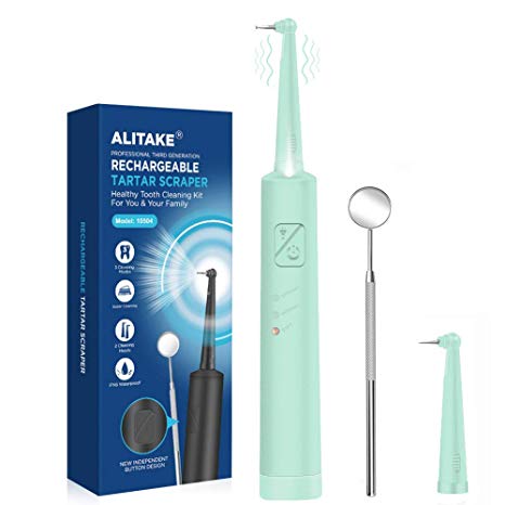 Tartar Scraper, Alitake Electric Dental Calculus Remover Dental Tools Teeth Stain Remover Dental Dental Hygiene Kit with Oral Mirror, LED Light and Replaceable Cleaning Heads-Blue