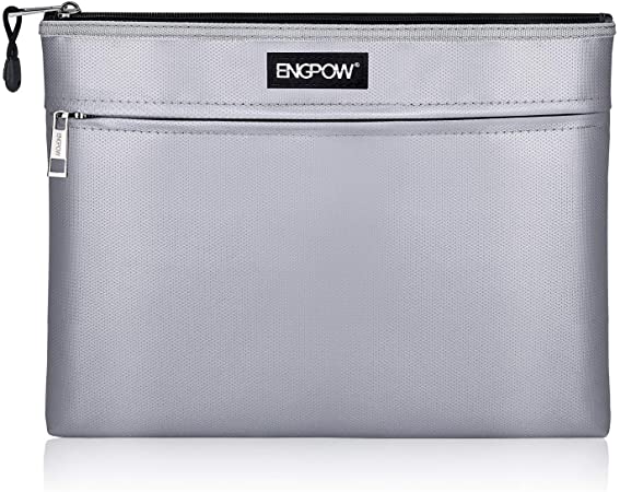 ENGPOW Fireproof Document Bags,Non-itchy Fireproof Money Bag,13.4”x 10.2”Two Pockets Fireproof Safe Pouch File Storage for A4 Document Files, Passport, Tablet(Silver)