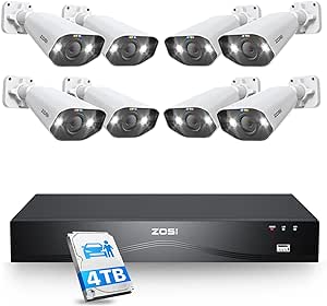 ZOSI 24CH 4K PoE Security Camera System with Face/Person/Vehicle Detection,8pcs 4K Outdoor Spotlight IP Cameras,2 Way Audio,Night Vision,16 Port 24CH 8MP Dual-Disk NVR with 4TB HDD for Business