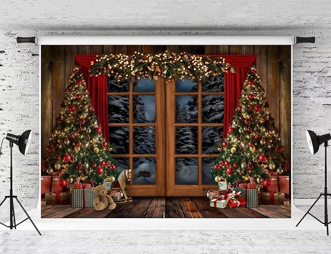 Kate 7x5ft Christmas Backdrop for Photography Winter Scene Christmas Trees Rustic Brown Wood Floor Interior Background for Kids Photo Studio Props