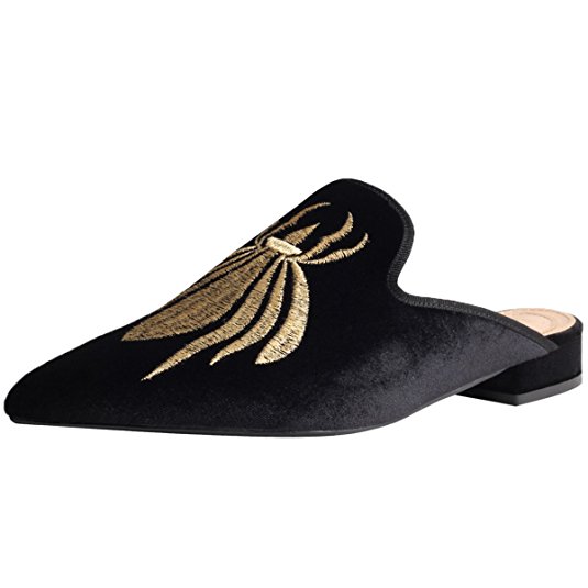 Mavirs Loafers For Women, Womens Loafers Velvet Backless Slip On Loafers Embroidery Mule Slippers
