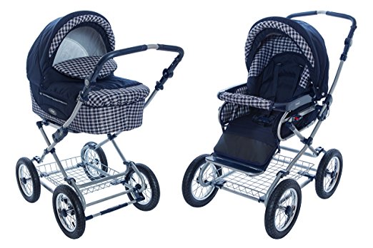 Roan Kortina Classic 2-in-1 Pram Stroller with Bassinet for Newborn Baby and Toddler Reclining Seat with Five Point Safety System UV Proof Canopy and Stainless Steel Storage Basket (Navy - Chequered)