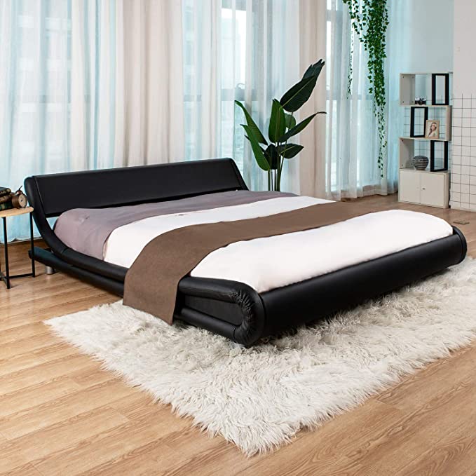 Allewie King Size Modern Platform Bed Frame with Curved Headboard, Faux Leather Fully Upholstered/Strong Wooden Slats Support/Mattress Foundation with Adjustable headboard, Black