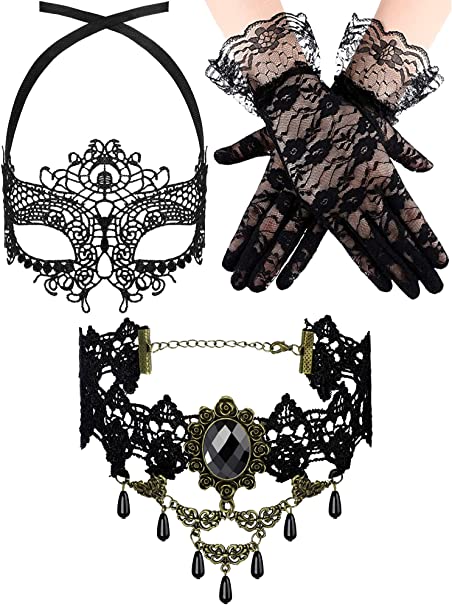 Halloween Masquerade Costume Set, Lace Masquerade Mask Black Choker Lace Necklace Lace Pattern Gloves Set for Women