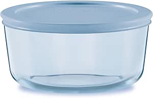 Pyrex Colors (4 Cup) Tinted Glass Medium Round Food Storage Container, Snug Fit Non-Toxic Plastic BPA-Free Lids, Freezer Dishwasher Microwave Safe, Blue