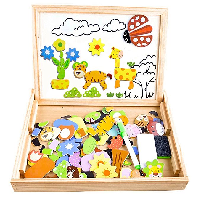 Cooljoy 100 Pieces Wooden Kids Toy Magnetic Board Puzzle Games, Double Face Jigsaw& Drawing Easel Chalkboard Educational Learning Toys for Kids(Animal Pattern)