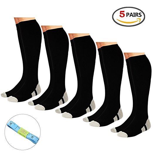 5 Pairs Compression Socks for Man & Woman, Graduated Compression Stockings for Running, Nurses, Medical Use, Shin Splints, Flight Travel & Pregnancy. Boost Stamina, Circulation, Reduced Fatigue