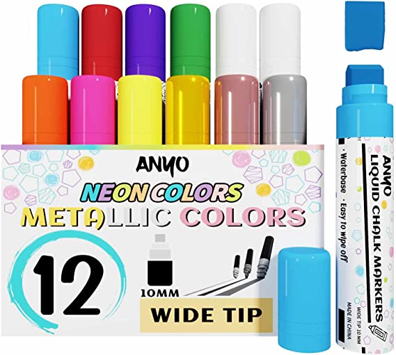 12 Pack Window Marker for Car,Washable Paint Chalk Markers with 10mm 3 in 1 Nib Wide Tip,Metallic & Neon Color Wet Erase Car Markers Washable for auto,Glass,Mirror,Chalkboard, Blackboard, Bistro,Menus