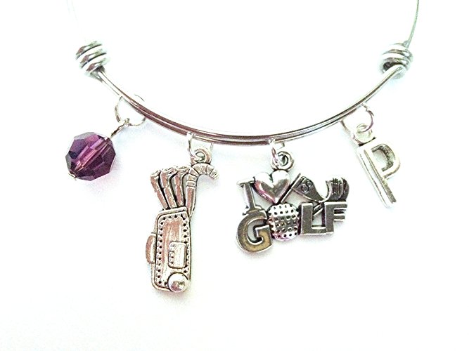 Golf / Golfer / Golfing themed personalized bangle bracelet. Antique silver charms and a genuine Swarovski birthstone colored element.