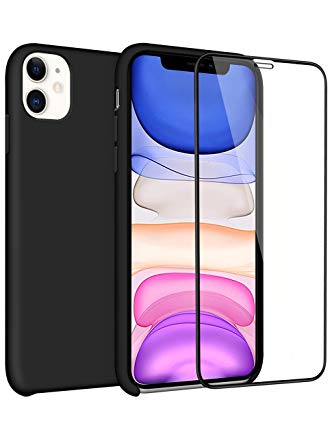 HoneyAKE Case for iPhone 11 Case Silicone with Screen Protector Rubber Cover Full Body Protection Soft Microfiber Cloth Lining Cushion Anti-Scratch Phone Shell for 6.1 inches iPhone 11 Black