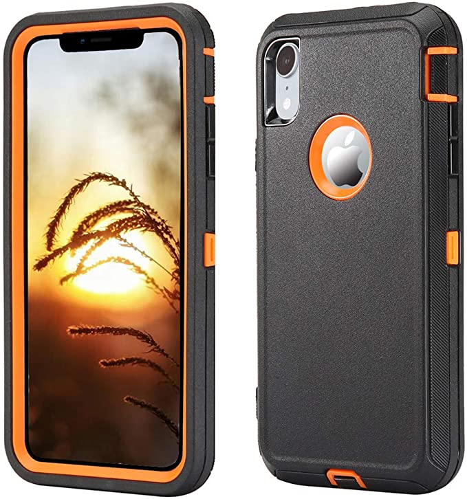 Annymall iPhone XR Case, Tri-Layer Heavy Duty [with Built-in Screen Protector][Support Wireless Charging] High Impact Resistant Full-Body Shockproof Cover for Apple iPhone XR (Black/Orange)