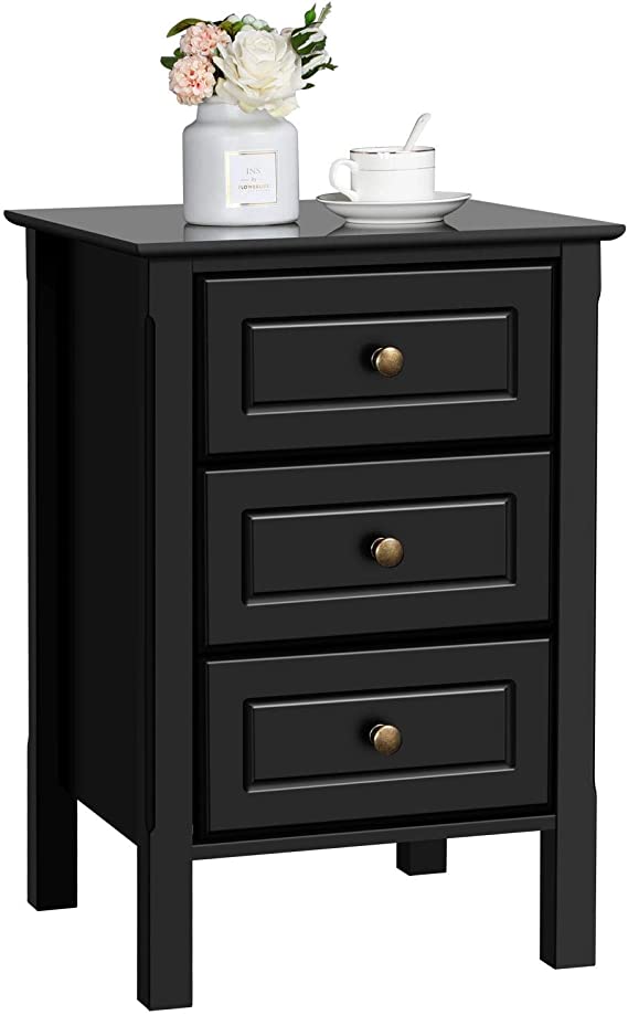 Yaheetech Bedside Table Wooden Nightstand Unit with 3 Drawers Black Side Table Cabinet for Bedroom/Living Room/Hallway 40x40x60cm