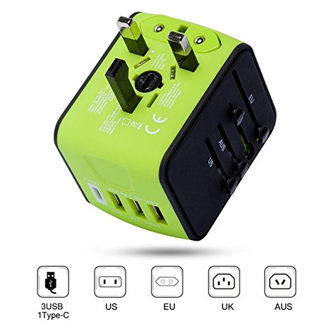 Travel Adapter Plug, Universal Travel Adapter, AC Power Plug Converter, International Power Adapter with 3.4A Dual USB, 3 USB & 1 Type-C with LED indicator, for UK, EU, US, USA, and more 170 countries
