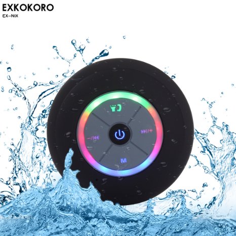 Exkokoro(TM)Water Resistant Portable Shower Bluetooth 4.0 Speakers Subwoofer, Colorful LED Light Effect, Strong Adhesion, Hands-free Calls, FM Radio for all Bluetooth Device.(Black)
