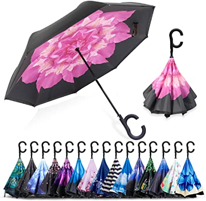 ZOMAKE Auto Open Double Layer Inverted Umbrella Cars Reverse Umbrella, UV Protection Windproof Large Straight Umbrella for Car Rain Outdoor with C-Shaped Handle