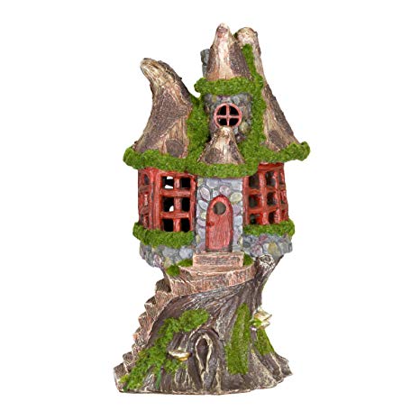 Exhart Woodland Tree House Solar Garden Statue - Resin Fairy Cottage w/Stone Steps, Red Door & Wall Windows, and Solar Accent Lights - Mini Fairy House Best as Garden Home Decor 7" L x 7" W x 12" H