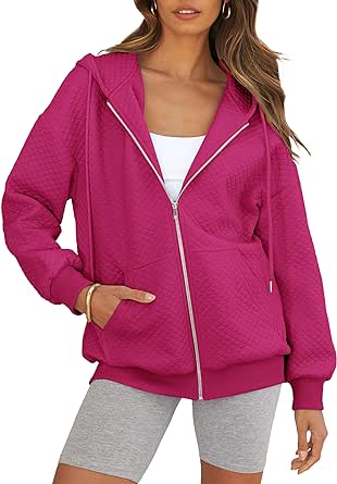 MEROKEETY Womens Long Sleeve Hoodies Oversized Full Zip Drawstring Sweatshirt Quilted Jackets with Pockets