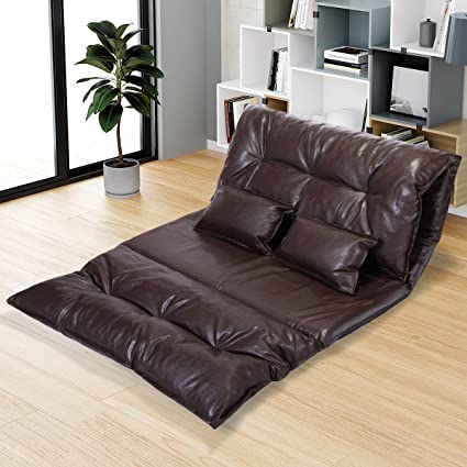 JAXPETY Adjustable Folding Leisure Sofa Bed, Floor Chaise Lounge Sofa Chair with 2 Pillows and 5 Reclining Position, Video Gaming Sofa for Bedroom Living Room (PU Leather, Brown)