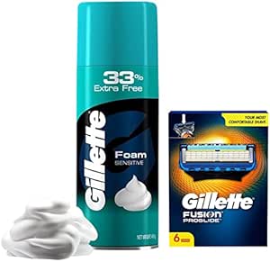 Gillette Fusion Proglide Shaving Blades- Pack Of 6 (Cartridges) & Classic Sensitive Shave Foam - 418 G (33% Extra) - Men