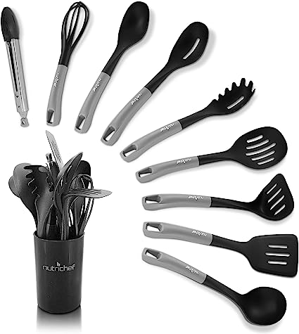 NutriChef 10 Pcs. Silicone Heat Resistant Kitchen Cooking Utensils Set-Non-Stick Baking Tools with PP Holder (Silver & Black), 1, Silver