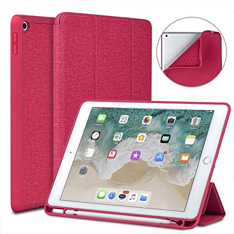 Soke New iPad 9.7 2018/2017 Case with Pencil Holder, Lightweight Smart Case Trifold Stand with Shockproof Soft TPU Back Cover and Auto Sleep/Wake Function for iPad 9.7 inch 5th/6th Generation, Red