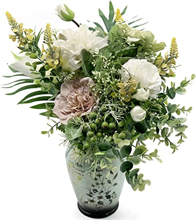 WAKISAKI Faux Flowers in Ceramic Vase, Artificial Flower Arrangement Decoration for Home Kitchen Living Dinning Room Coffee Table Centerpieces Farmhouse Deco (Green)