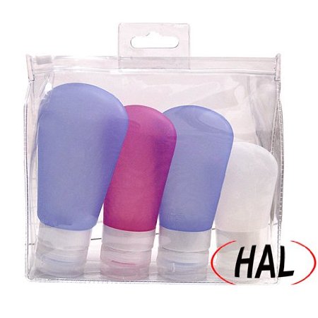 HAL 4 pack silicone travel bottles shampoo tubes assorted sizes and colors toiletry bottle Leak proof TSA approved 13 Oz  22oz  1125Oz 3Oz Blue  2Oz Pink 2Oz Blue 125Oz White