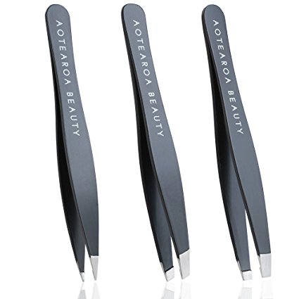 Tweezers for Eyebrows Set Of Three- Includes Case With Professional Pointed Needle Nose, Slant & Straight Precision Stainless Steel- Ingrown Hair Nose, Hair Eyebrow & Splinters