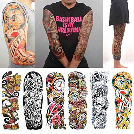 COKOHAPPY 6 Sheets Large Extra Full Arm Large Temporary Tattoo and Half Arm Sleeve Gun Rose for Men Women