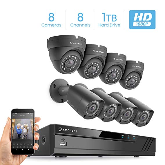 Amcrest HD 1080P-Lite 8CH Video Security Camera System w/ 8 720P IP67 Outdoor Cameras, 65ft Night Vision, Pre-Installed 1TB HDD, Supports AHD, CVI, TVI, 960H & IP Cameras (AMDVTENL8-4B4D-B-HDD)