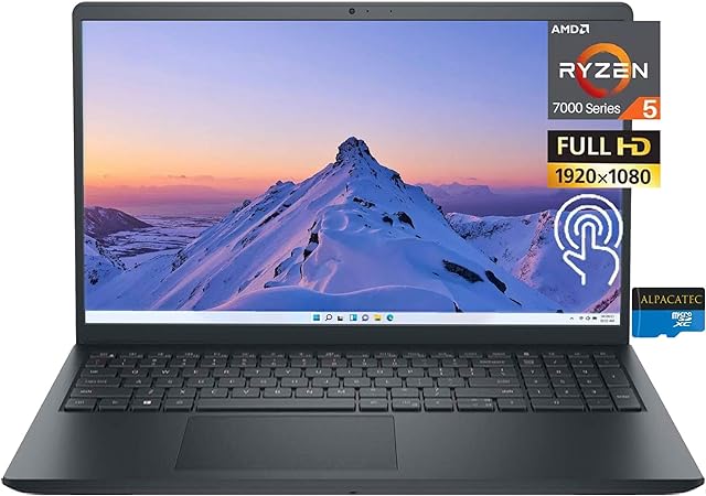 Dell Inspiron 15 Touchscreen Laptop, 15.6" FHD Display, AMD Ryzen 5 7530U Processor, 16GB RAM, 512GB SSD, Camera, Mechanical Keyboard, HDMI, WiFi, Windows 11 Home, Alpacatec MicroSD, Carbon Black