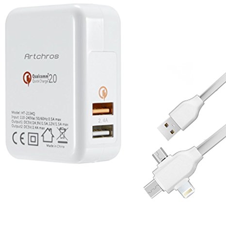 USB Quick Charger W/ Apple Lightning, Micro USB to USB Cable Charging Cord & Sync your Samsung S8 HTC One M9 and More (Quick Charger 2.0 Wall Charger USB 2 Port W/ 3 in 1 Cable White)