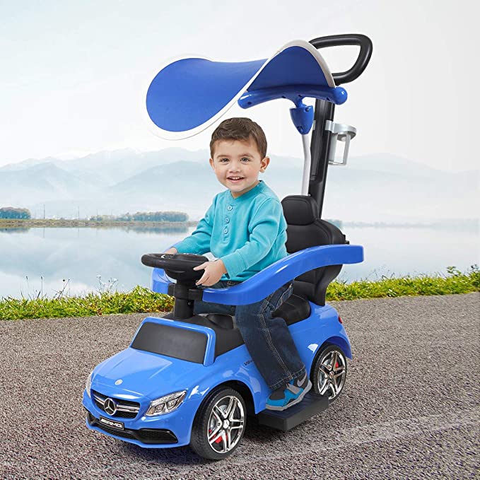 JAXPETY Kids Ride-On Push Car Foot Operated Walker w/Canopy, Safety Barrier and Storage Space (Blue)