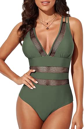 EVALESS Womens Sexy Mesh V Neck One Piece Swimsuits Tummy Control High Waisted Bathing Suits Cross Back Hollow Out Swimwear