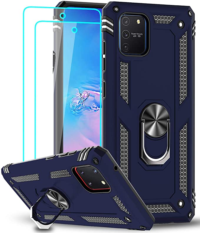 LeYi for Samsung Galaxy S10 Lite Case and 2 Tempered Glass Screen Protector,Ring Holder Military Grade Protective Silicone Shockproof Tough Armour Hard Phone Cover for Samsung S10 Lite/A91/M80S Blue