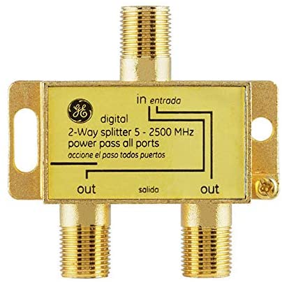 GE Digital 2-Way Coaxial Cable Splitter, 4 Pack, 2.5 GHz 5-2500 MHz, RG6 Compatible, Works with HD TV, Satellite, Internet, Amplifier, Antenna, Gold Plated Connectors, Corrosion Resistant, 55288